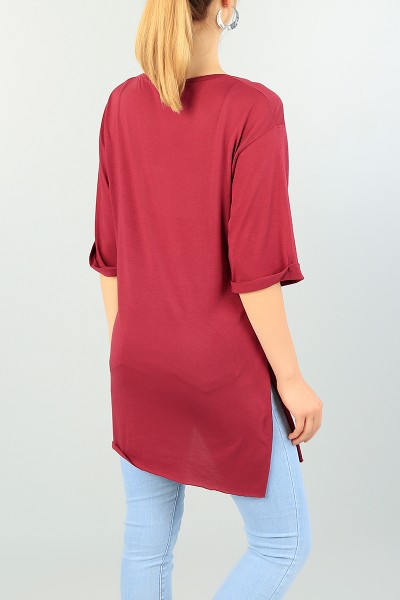 Bordo Kelebek Baskılı Bayan Tişört 70248