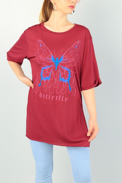 Bordo Kelebek Baskılı Bayan Tişört 70248