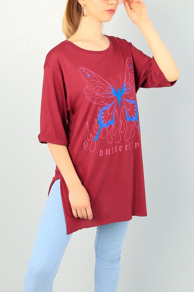 Bordo Kelebek Baskılı Bayan Tişört 70248