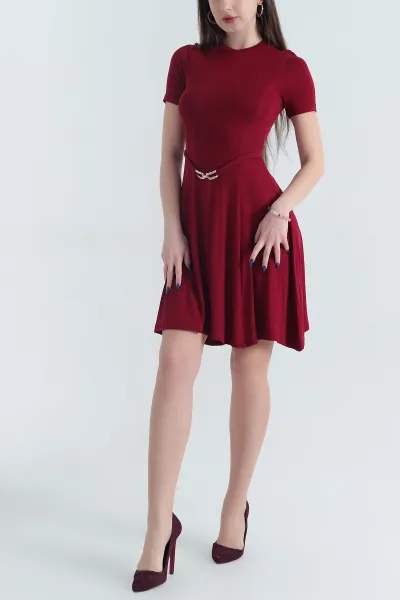 Bordo Kemer Detay Viskon Çilek Kumaş Likralı Kadın Elbise 342787