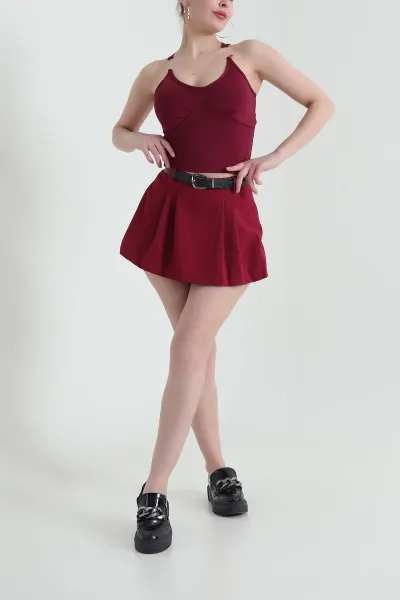 Bordo Kemerli Atlas Kadın Şort Etek 431099