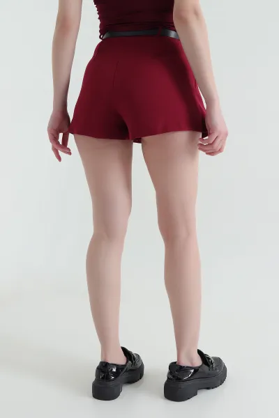 Bordo Kemerli Atlas Kadın Şort Etek 431099