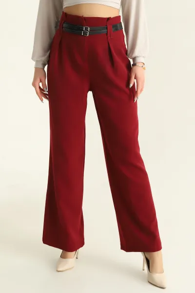 Bordo Kemerli Atlas Palazzo Bayan Pantolon 326093