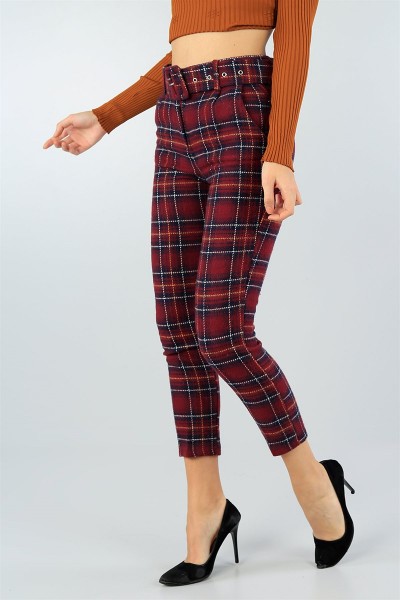 Bordo Kemerli Bayan Kaşe Pantolon 45045