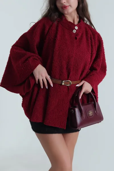 Bordo Kemerli Buklet Kadın Panço 484869