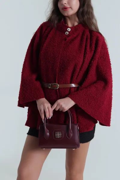 Bordo Kemerli Buklet Kadın Panço 484869