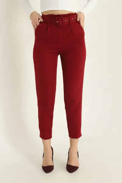 Bordo Kemerli Dabıl Bayan Pantolon 322174