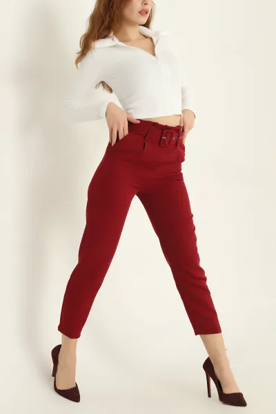Bordo Kemerli Dabıl Bayan Pantolon 322174