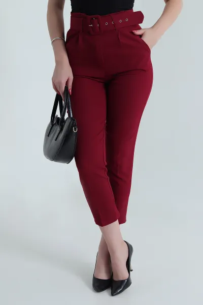 Bordo Kemerli Dabıl Kadın Pantolon 481394