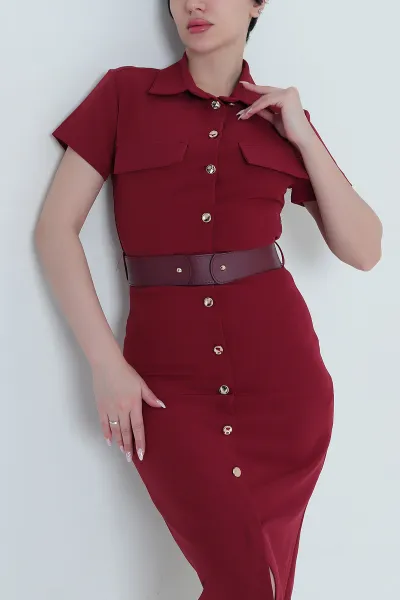 Bordo Kemerli Double Kadın Elbise 457591
