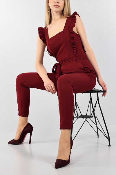 Bordo Kemerli İthal Krep Bayan Tulum 99264