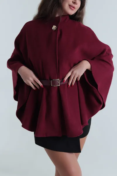 Bordo Kemerli Kaşe Kadın Pelerin Ceket 494557