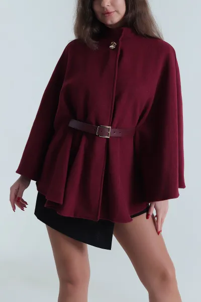 Bordo Kemerli Kaşe Kadın Pelerin Ceket 494557