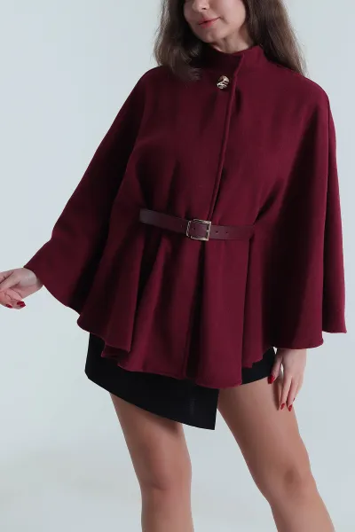 Bordo Kemerli Kaşe Kadın Pelerin Ceket 494557