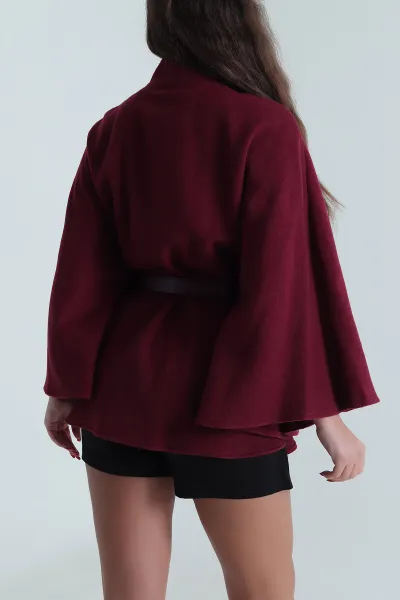 Bordo Kemerli Kaşe Kadın Pelerin Ceket 494557