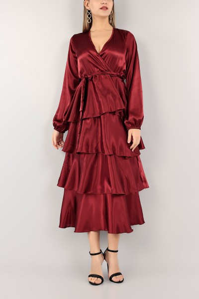 Bordo Kemerli Katlı Saten Elbise 112949