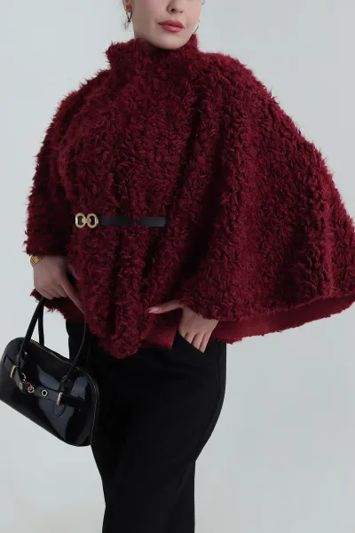 Bordo Kemerli Kıvırcık Tibet Kadın Panço 406299