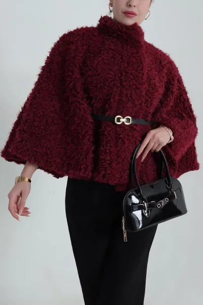 Bordo Kemerli Kıvırcık Tibet Kadın Panço 406299