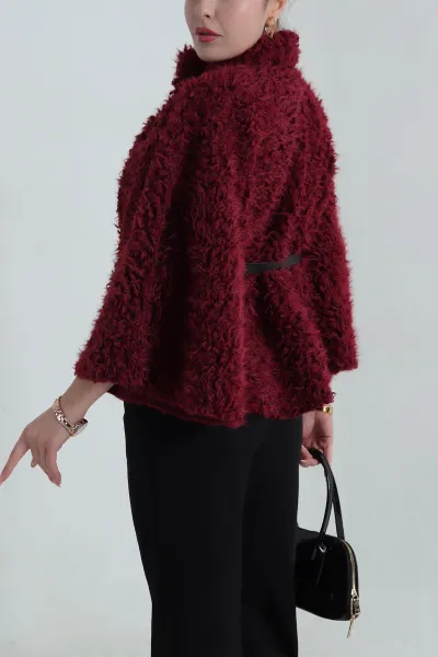 Bordo Kemerli Kıvırcık Tibet Kadın Panço 406299