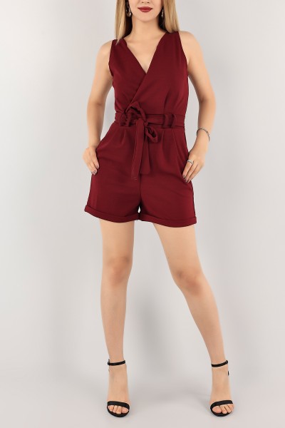 Bordo Kemerli Krep Bayan Şort Tulum 116564