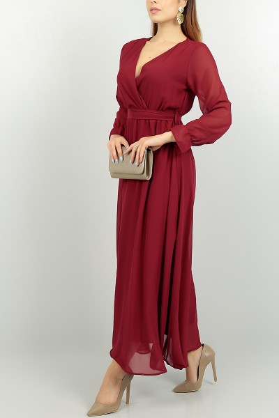 Bordo Kemerli Yeni Sezon Şifon Elbise 74335