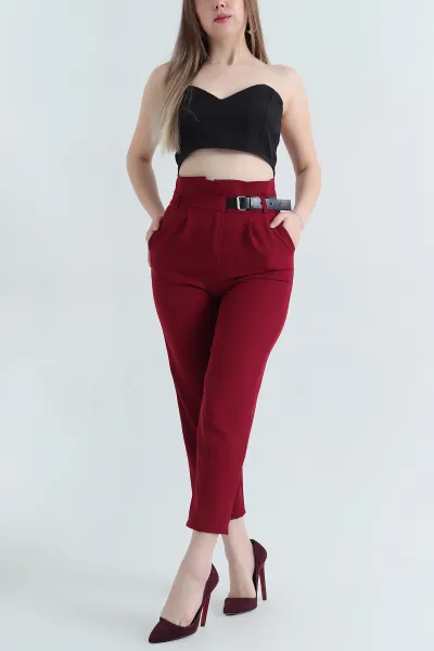 Bordo Kendinden Kemerli Dabıl Kumaş Bayan Pantolon 338139