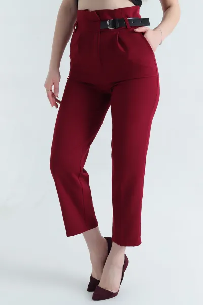 Bordo Kendinden Kemerli Dabıl Kumaş Bayan Pantolon 338139