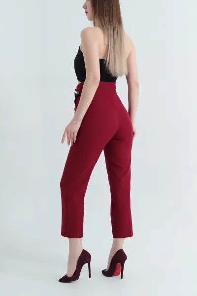Bordo Kendinden Kemerli Dabıl Kumaş Bayan Pantolon 338139