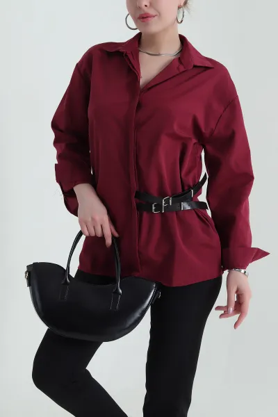 Bordo Kendinden Kemerli Poplin Kadın Gömlek 434691