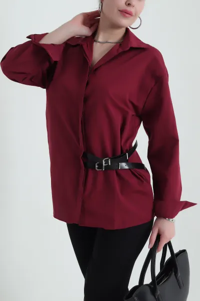 Bordo Kendinden Kemerli Poplin Kadın Gömlek 434691