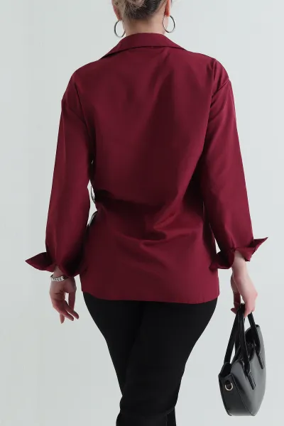 Bordo Kendinden Kemerli Poplin Kadın Gömlek 434691