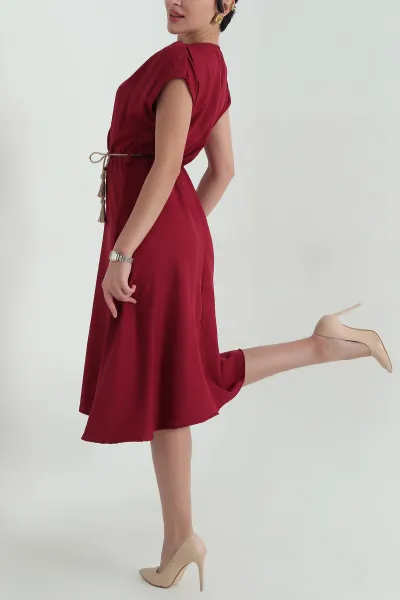 Bordo Keten Kruvaze Kemerli Kadın Elbise 363386