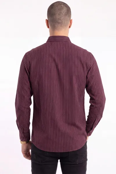 Bordo Keten Uzun Kol Çizgili  Erkek Gömlek 471854