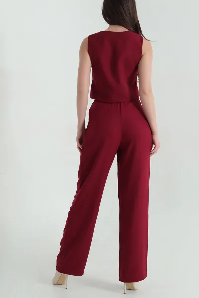 Bordo Keten Yelek Pantolon Kadın İkili Takım 363389