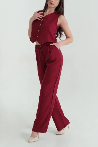 Bordo Keten Yelek Pantolon Kadın İkili Takım 363389