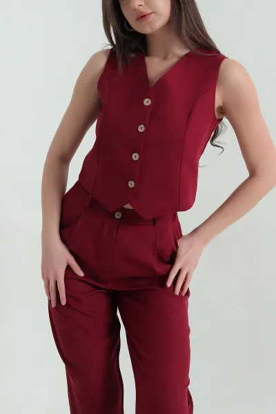Bordo Keten Yelek Pantolon Kadın İkili Takım 363389