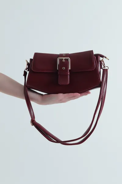 Bordo Kırışık Dokulu Mıknatıs Kapaklı Kadın El Kol ve Omuz Çantası 450653