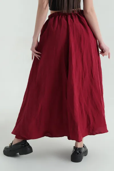 Bordo Kırışık Kumaş Bel Lastikli Kadın Etek 354306