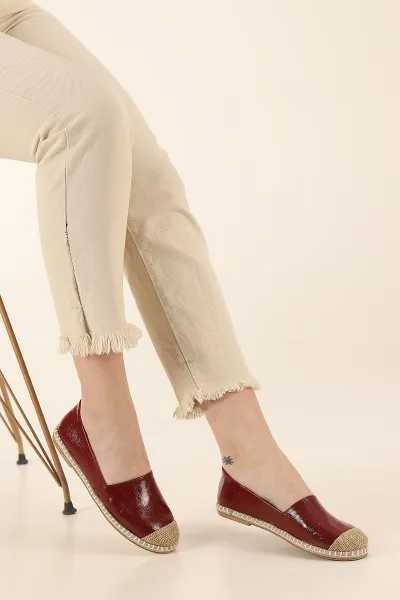Bordo Kırışık Rugan Kadın Espadril Ayakkabı 346196