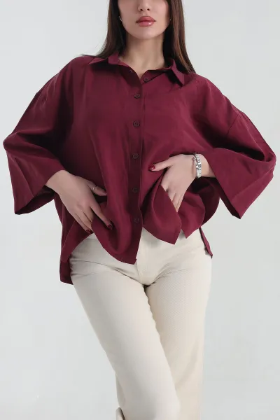 Bordo Kısa Kol Tencel Oversize Bayan Gömlek 337586