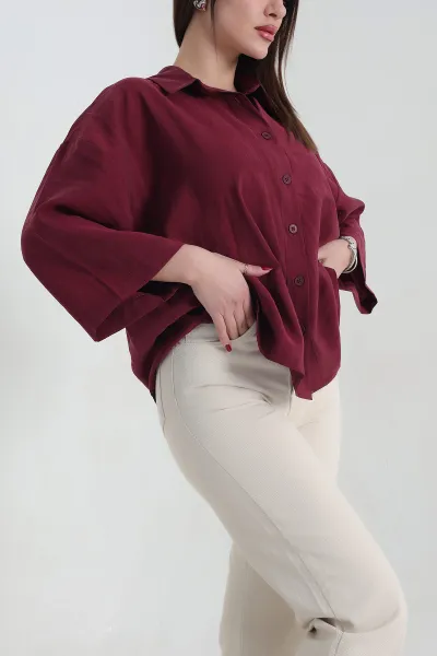 Bordo Kısa Kol Tencel Oversize Bayan Gömlek 337586