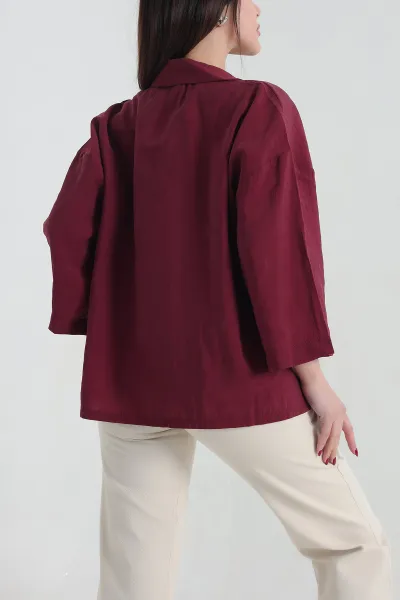 Bordo Kısa Kol Tencel Oversize Bayan Gömlek 337586