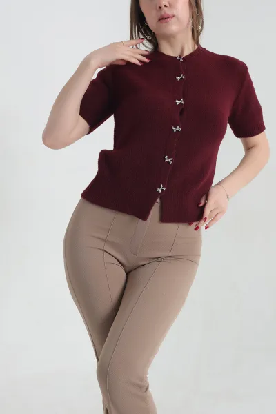 Bordo Kısa Kollu Triko Bluz 337438