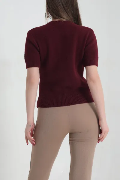 Bordo Kısa Kollu Triko Bluz 337438