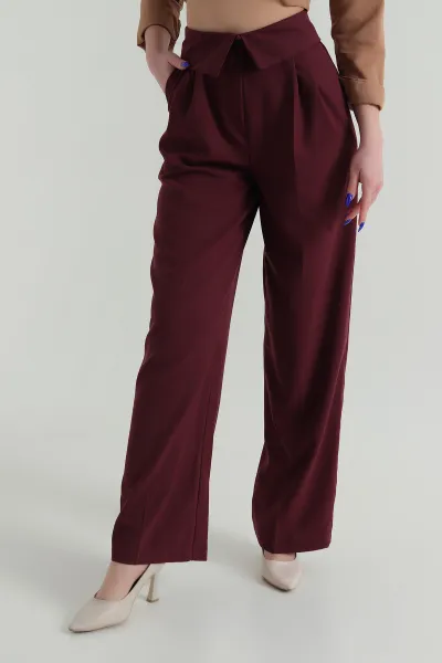 Bordo Kıvrık Bel Poliviskon Kadın Pantolon 425529