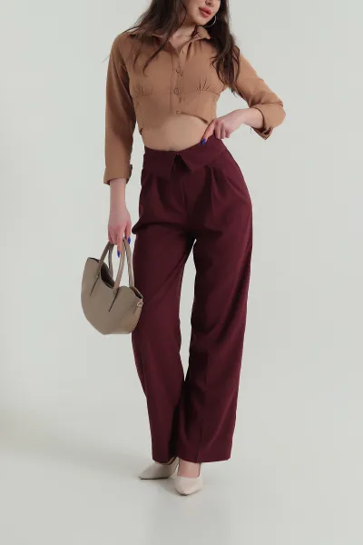 Bordo Kıvrık Bel Poliviskon Kadın Pantolon 425529