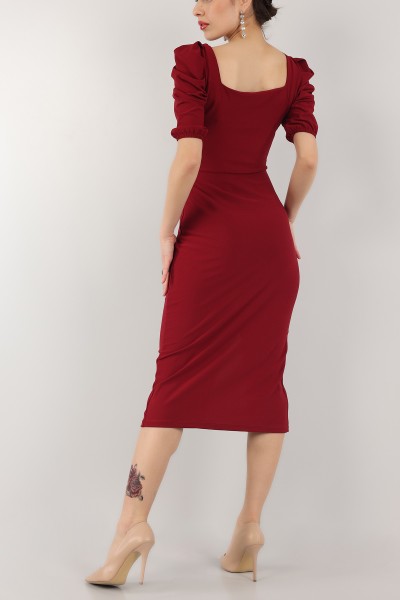 Bordo Kol Büzgülü Yırtmaçlı Elbise 153668