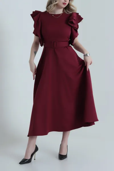 Bordo Kolları Kat Kat Atlas Kadın Elbise 458156