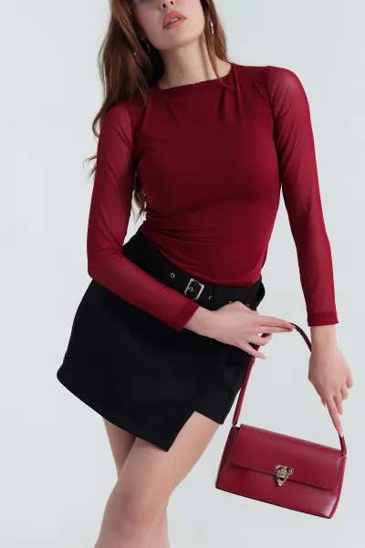 Bordo Kolları Tül Likralı Viskon Kadın Bluz 405441
