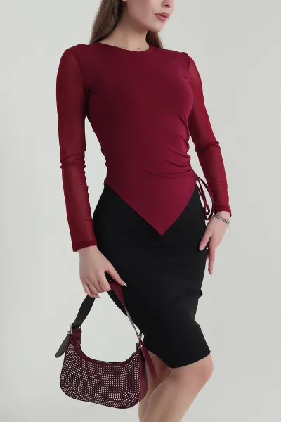 Bordo Kolları Tül Scuba Kadın Bluz 420202